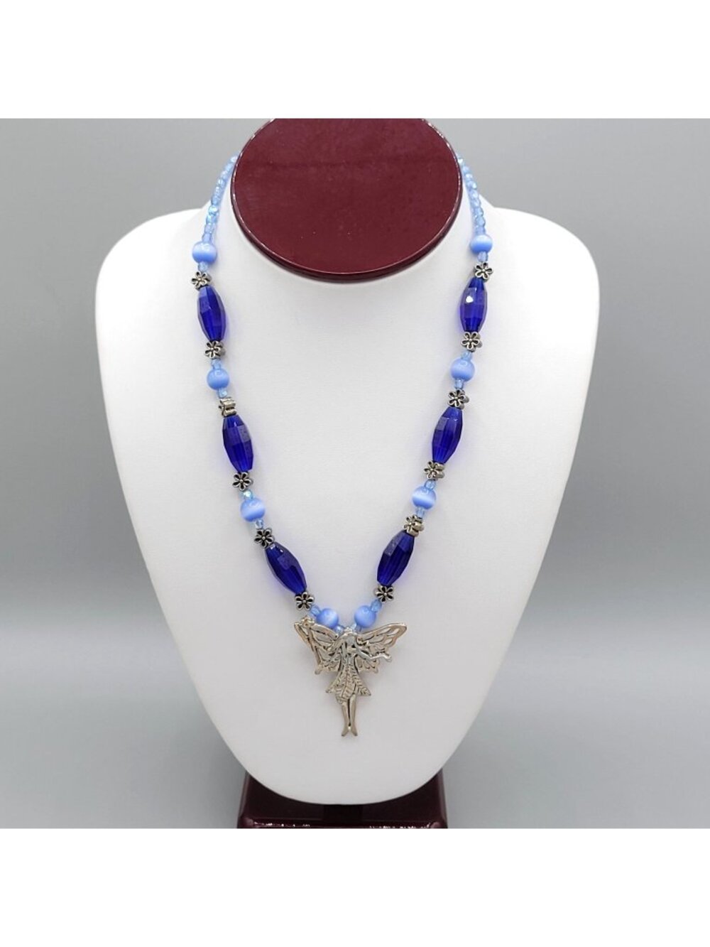 Fairycore Blue Silver Tone Beaded Pendant Necklace Winged Fairy Cats Eye Beads